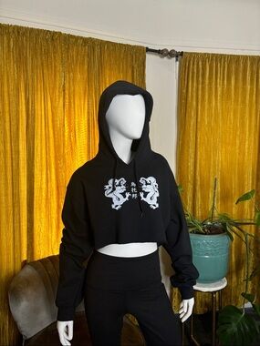 Urban Outfitters Black Cropped Hoodie with White Dragon Graphic